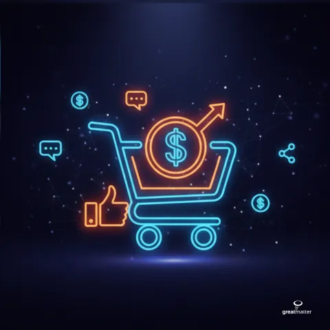 A neon shopping cart with likes and chat bubbles surrounding it like fog
